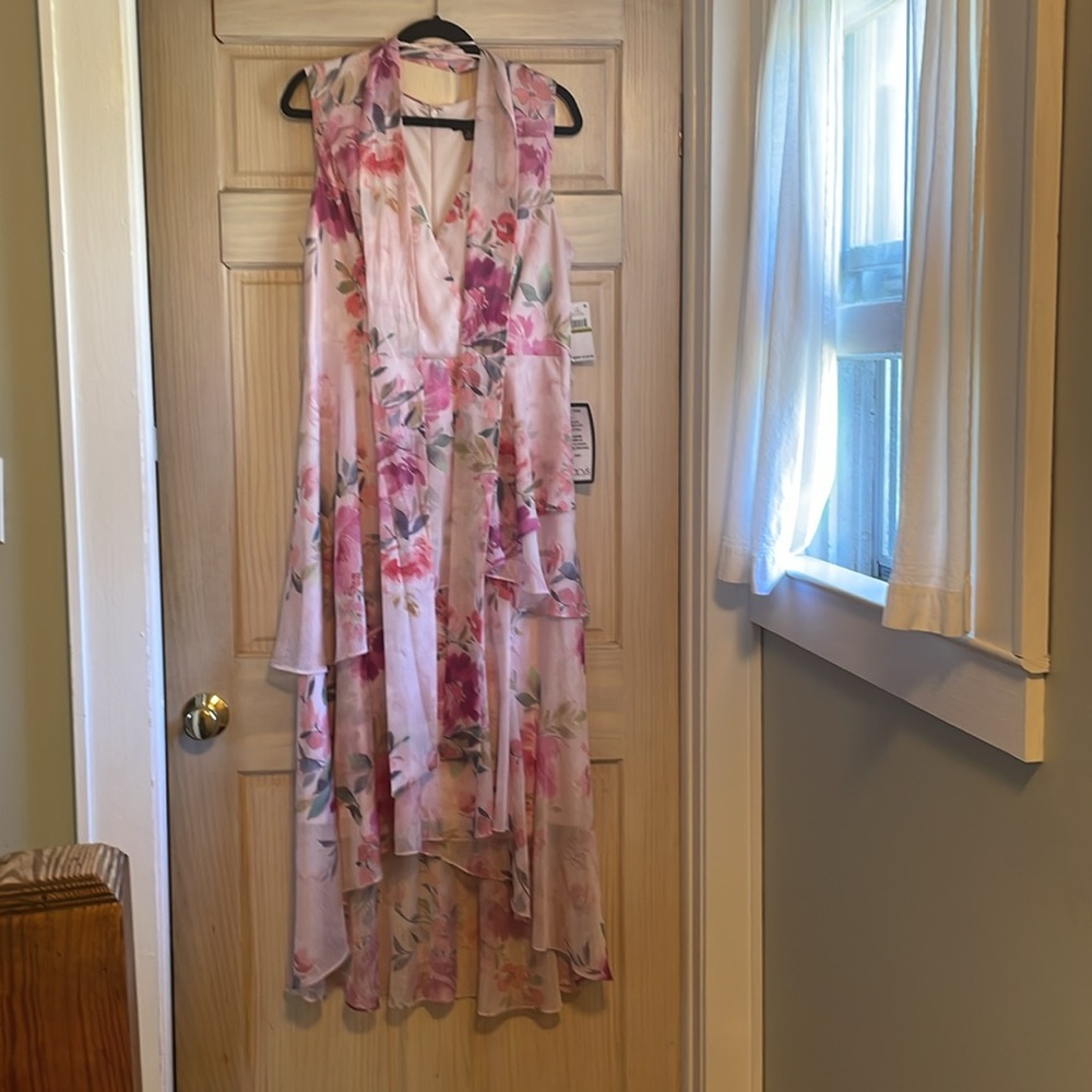 SLNY Pink Floral Cream tiered high low Maxi Dress Mother of the Bride Formal NWT